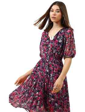 Sera Classics Women's Chiffon Multi Floral Printed V-Neck Fit and Flare Short Sleeves Midi Dress